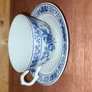 Vintage Blue & White China Teacup & Saucer Set Floral Garden Roses by Inarco